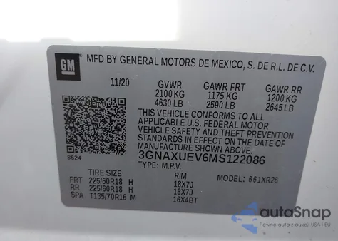 2021 Chevrolet Equinox Awd Lt from USA, damaged, VIN 3GNAXUEV6MS122086